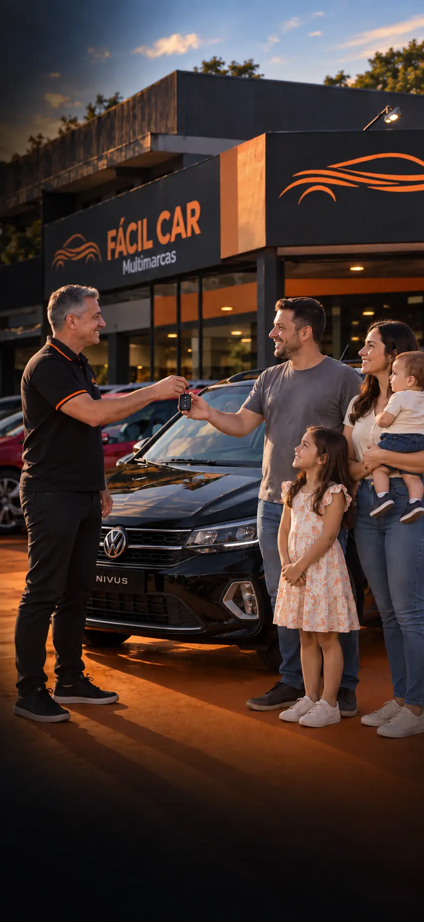 Família recebendo a chave do veículo na FácilCar Multimarcas